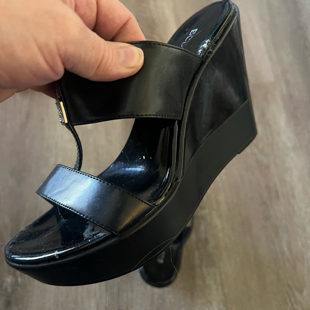 BCBG Glossy Black Wedge Sandals